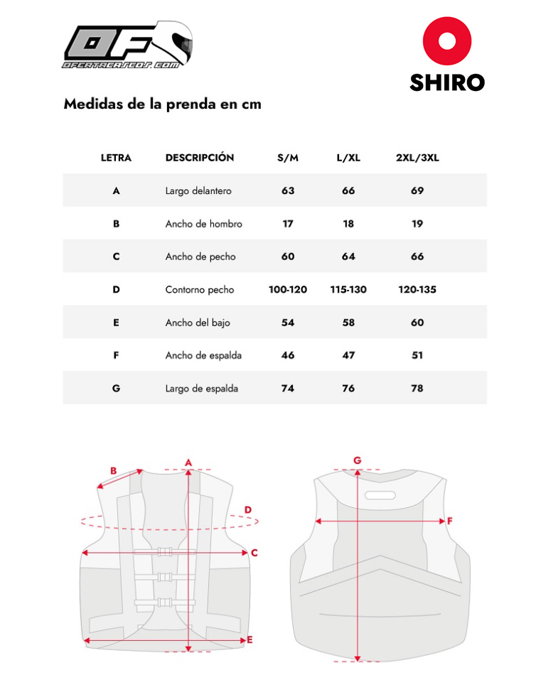 Guía tallas Airbag moto Shiro